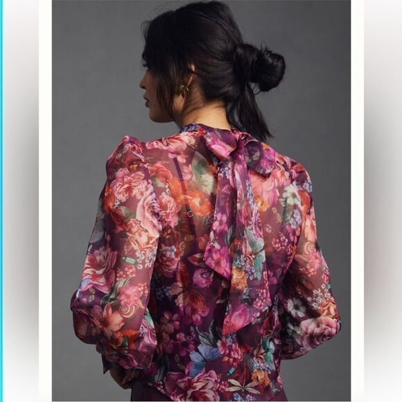 Anthropologie Purlple pink chiffon blouse with flower print size small - Picture 7 of 14